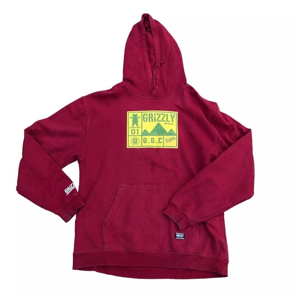 Vintage GRIZZLY Griptape Hoodie Sweatshirt Men's 2XL Red Pullover Long Sleeve​​​